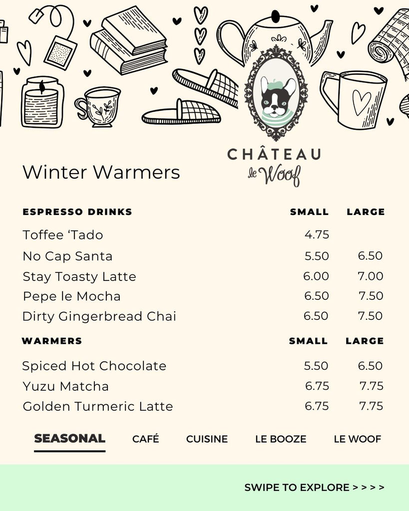 2024 Winter DRINK Menu | Winter Warmers Cafe Chateau Le Woof 