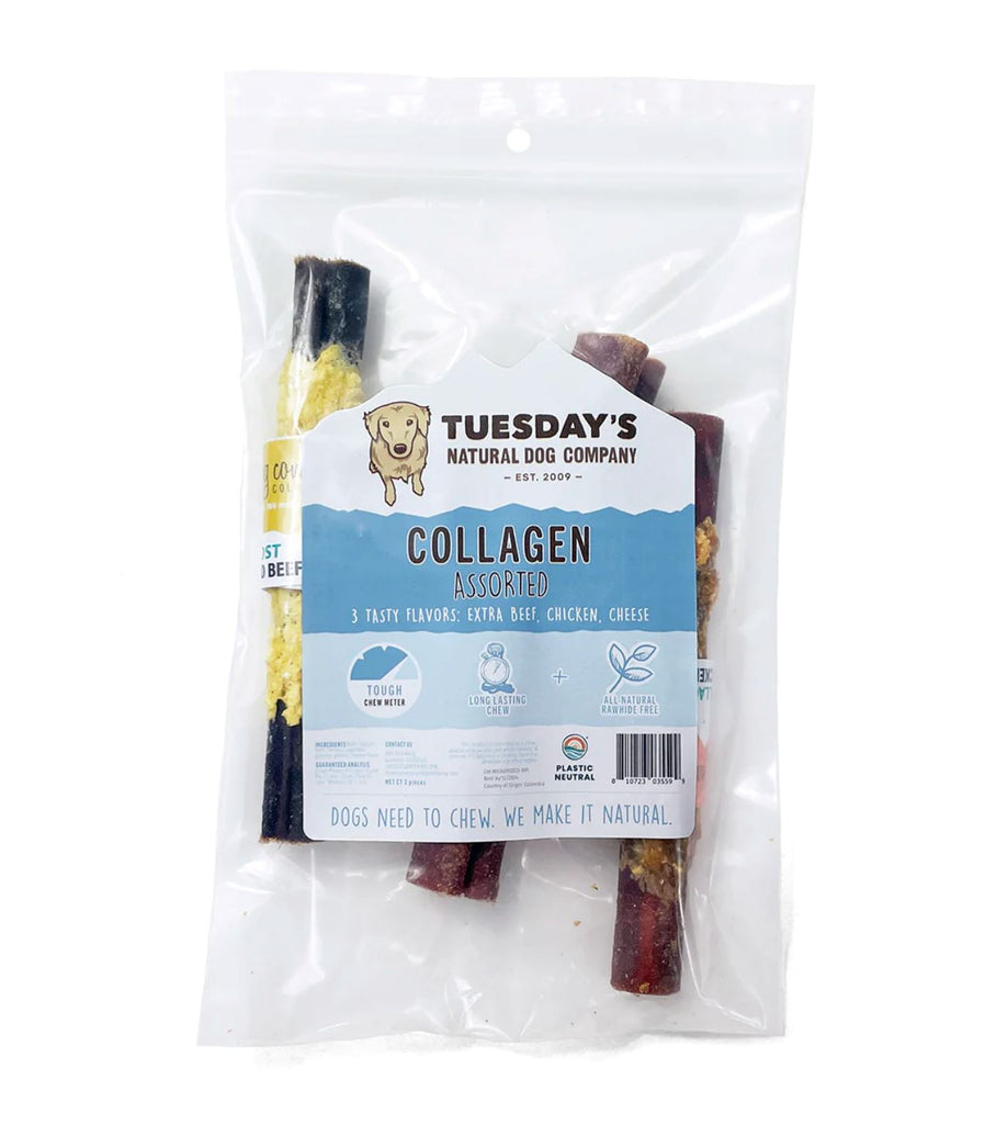 Collagen Beef Stick | Tuesday's Natural Dog Company Tuesday's Natural Dog Company Assorted 3 Tasty Flavors: Extra Beef, Chicken, Cheese 